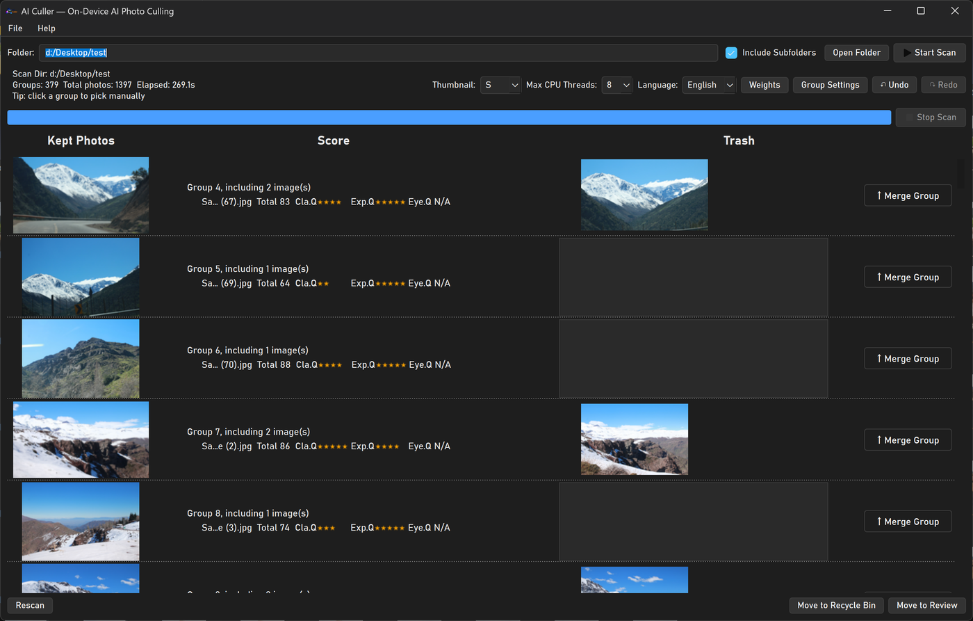 AI Culler — 1,397 photos culled in 269 seconds